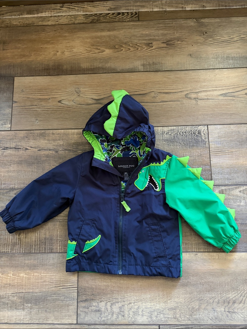 London Fog Navy & Bright Green Dino Hooded Jacket